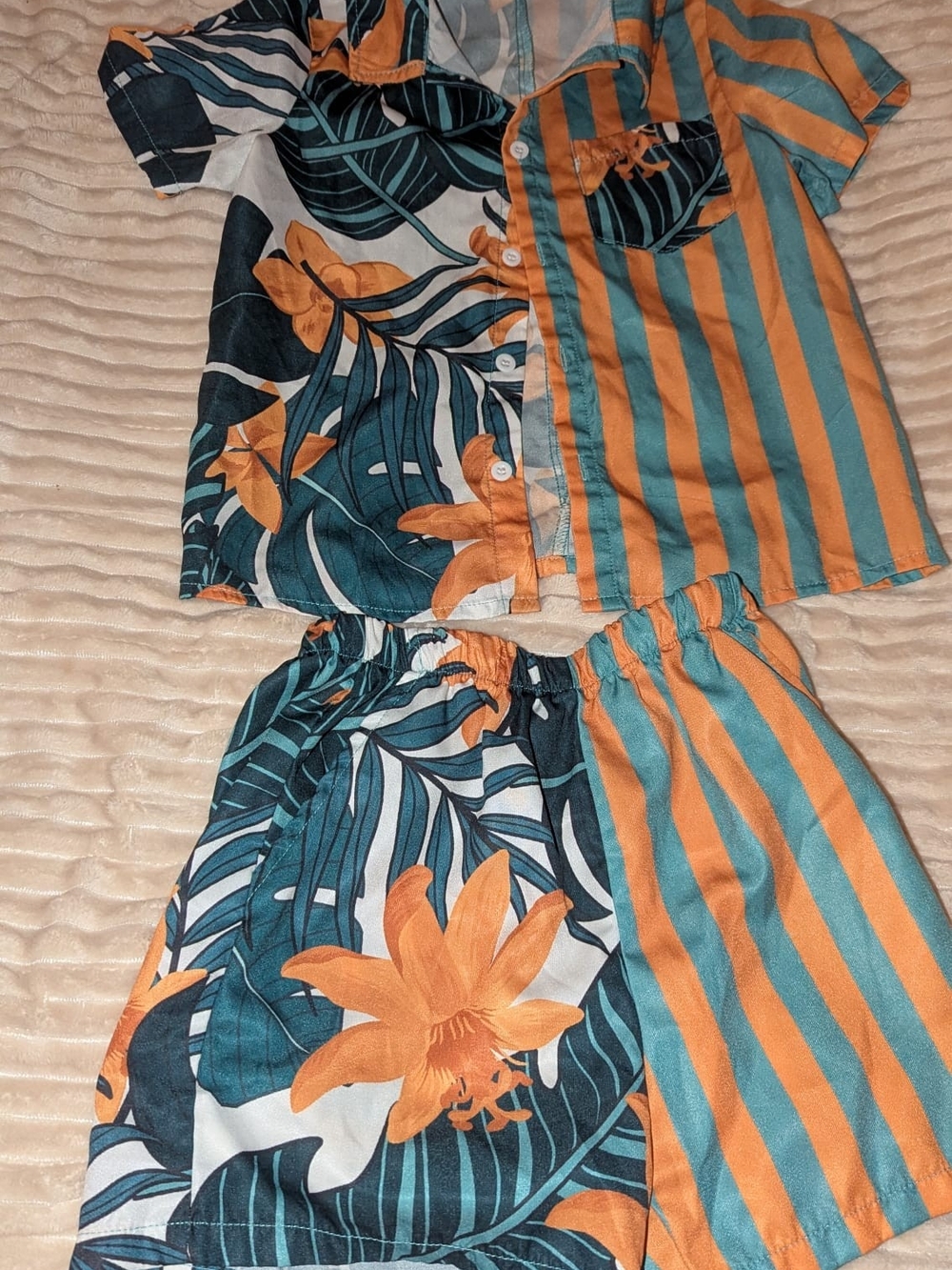 Two-Piece Tropical Floral & Stripe Set in Teal and Orange